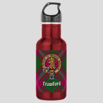 Clan Crawford Crest over Tartan Stainless Steel Water Bottle