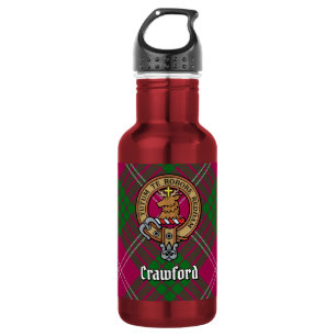 Clan Crawford Crest over Tartan Stainless Steel Water Bottle