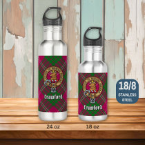 Clan Crawford Crest over Tartan Stainless Steel Water Bottle