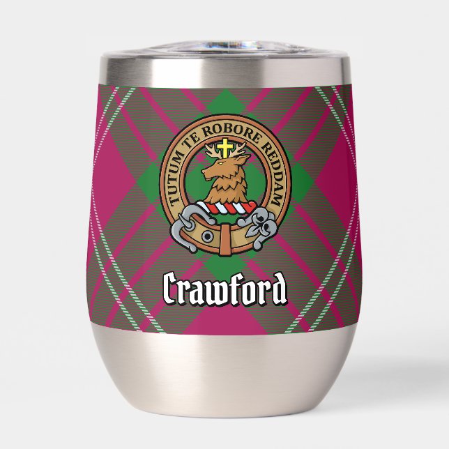 Clan Crawford Crest over Tartan Thermal Wine Tumbler (Front)