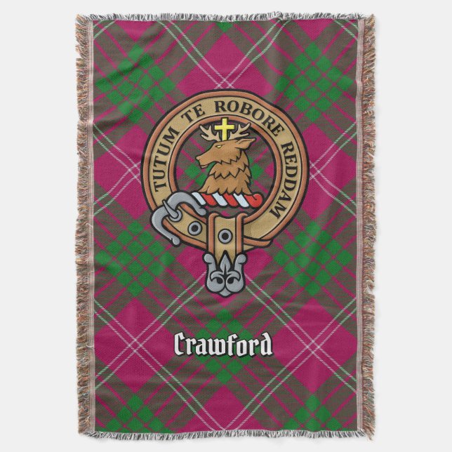 Clan Crawford Crest over Tartan Throw Blanket (Front Vertical)