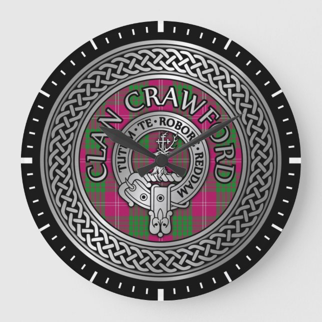 Clan Crawford Crest & Tartan Knot Large Clock (Front)