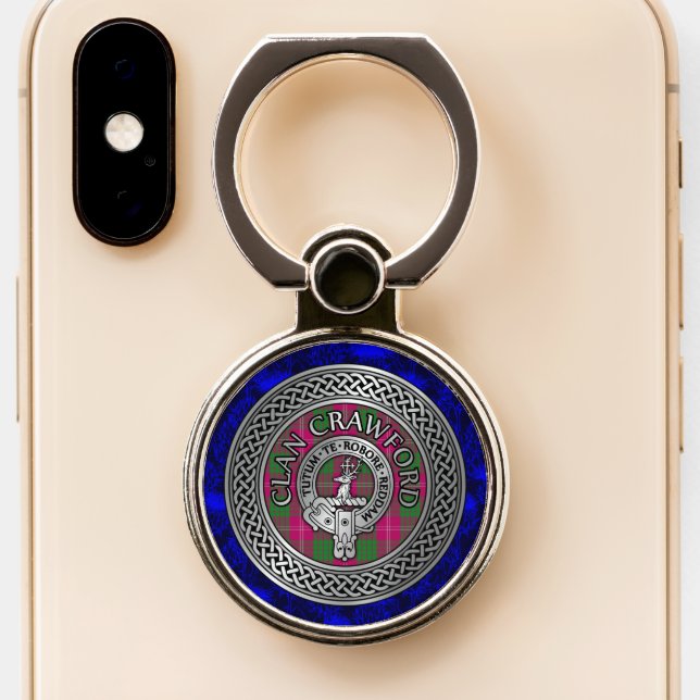 Clan Crawford Crest & Tartan Knot Phone Ring Stand (Close Up)