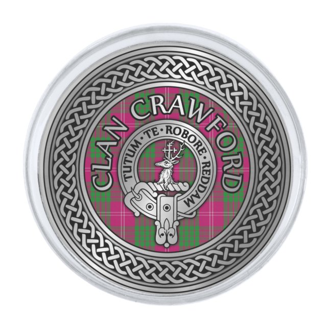 Clan Crawford Crest & Tartan Knot Silver Finish Lapel Pin (Front)