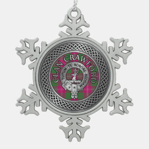 Clan Crawford Crest & Tartan Knot Snowflake Pewter Christmas Ornament