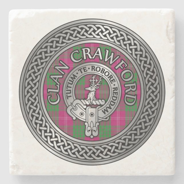 Clan Crawford Crest & Tartan Knot Stone Coaster (Front)