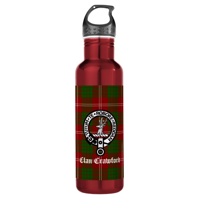 Clan Crawford Crest Tartan  Stainless Steel Water Bottle (Front)