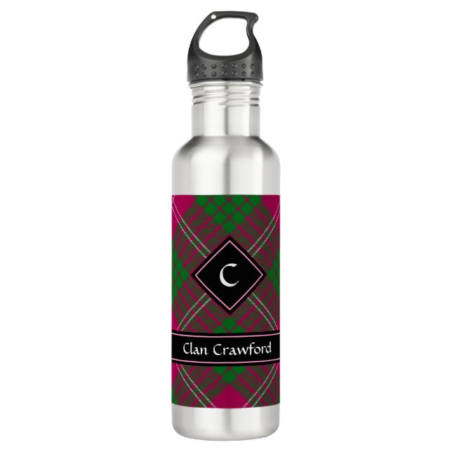 Clan Crawford Tartan Stainless Steel Water Bottle (Front)