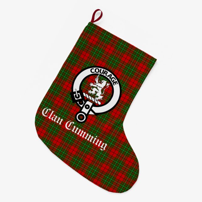 Clan Cumming Crest Badge and Tartan Personalized Large Christmas Stocking (Front (Hanging))