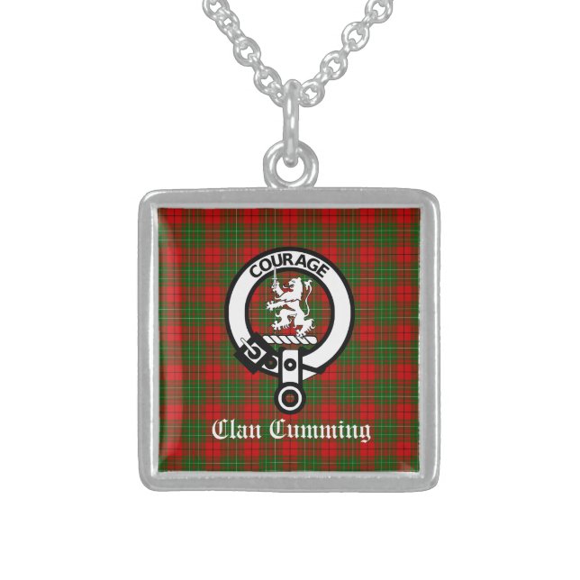 Clan Cumming Crest Badge and Tartan Sterling Silver Necklace (Front)