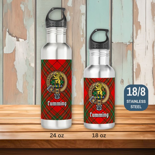 Clan Cumming Crest over Tartan Stainless Steel Water Bottle (Creator Uploaded)