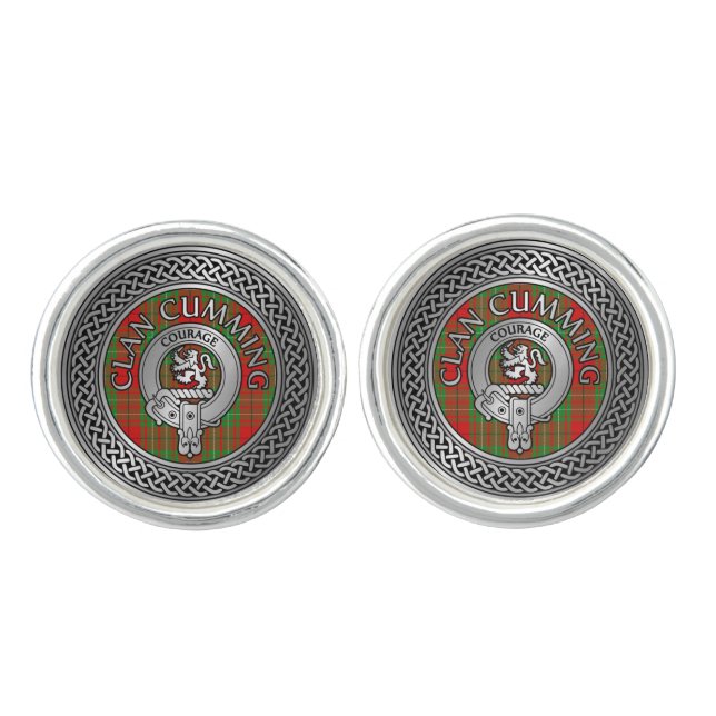 Clan Cumming Crest & Tartan Knot Cufflinks (Front)