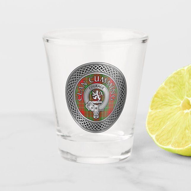 Clan Cumming Crest & Tartan Knot Shot Glass (Front)