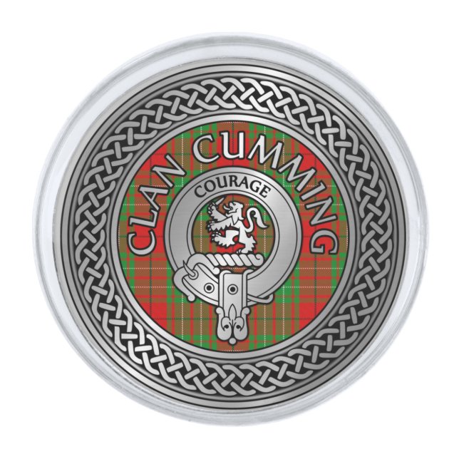 Clan Cumming Crest & Tartan Knot Silver Finish Lapel Pin (Front)