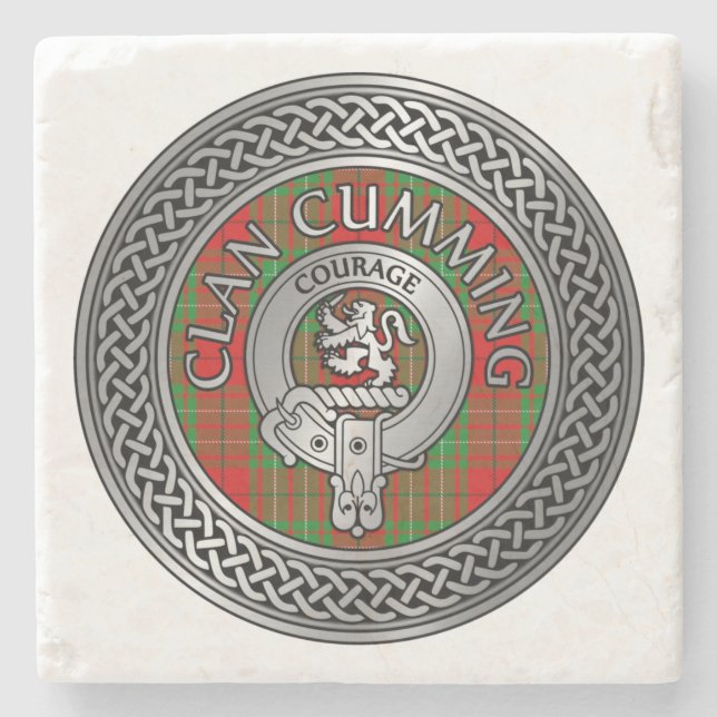 Clan Cumming Crest & Tartan Knot Stone Coaster (Front)