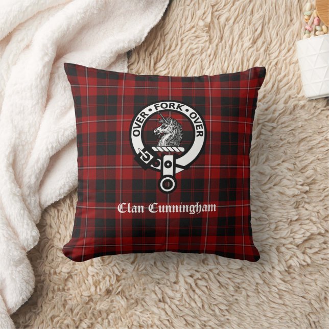 Clan Cunningham Crest Badge and Tartan  Throw Pillow (Blanket)