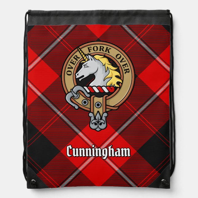 Clan Cunningham Crest over Tartan Drawstring Bag (Front)