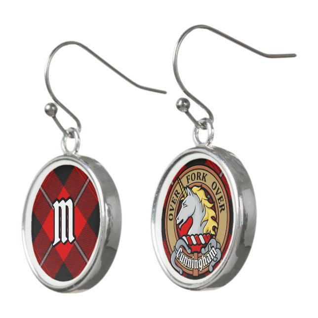 Clan Cunningham Crest over Tartan Earrings (Angled)