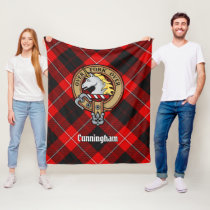 Clan Cunningham Crest over Tartan Fleece Blanket