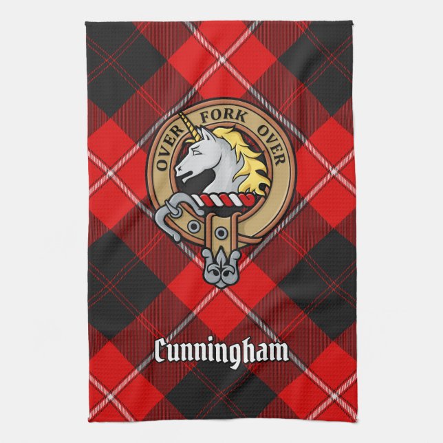 Clan Cunningham Crest over Tartan Kitchen Towel (Vertical)