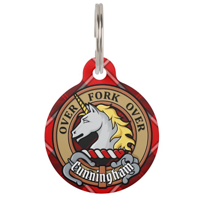 Clan Cunningham Crest over Tartan Pet ID Tag (Front)