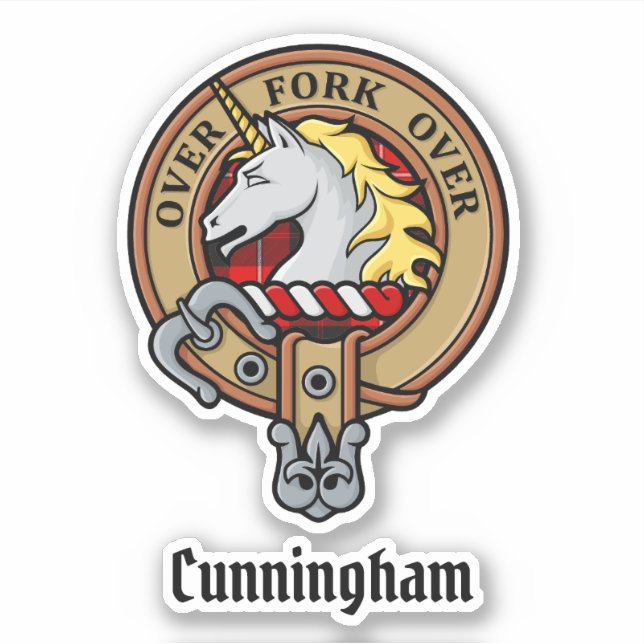 Clan Cunningham Crest over Tartan Sticker (Front)