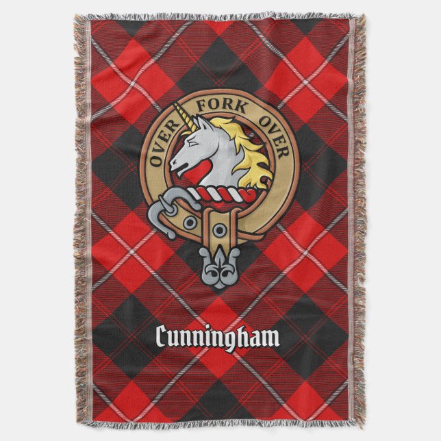Clan Cunningham Crest over Tartan Throw Blanket (Front Vertical)