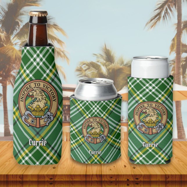 Clan Currie Lion Crest over Tartan Bottle Cooler (Creator Uploaded)