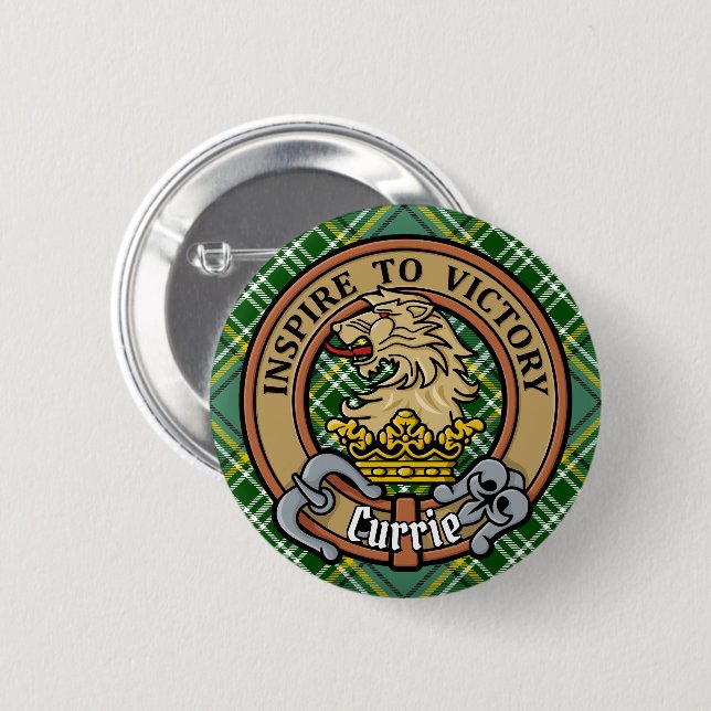 Clan Currie Lion Crest over Tartan Button (Front & Back)