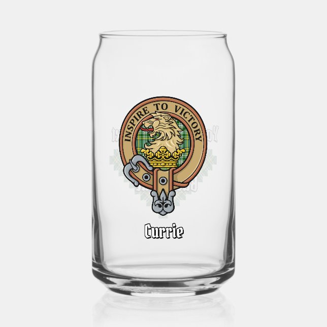 Clan Currie Lion Crest over Tartan Can Glass (Front)