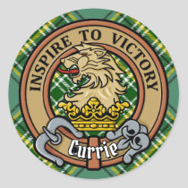 Clan Currie Lion Crest over Tartan Classic Round Sticker