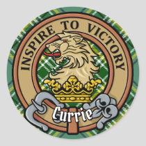 Clan Currie Lion Crest over Tartan Classic Round Sticker