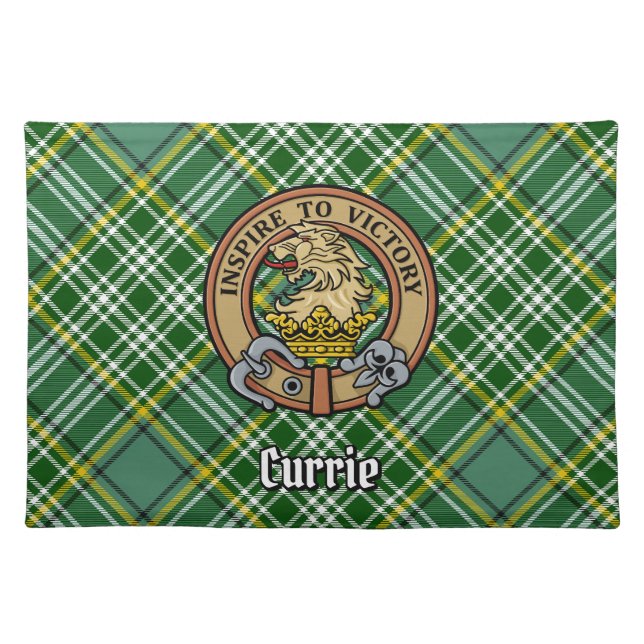 Clan Currie Lion Crest over Tartan Cloth Placemat (Front)