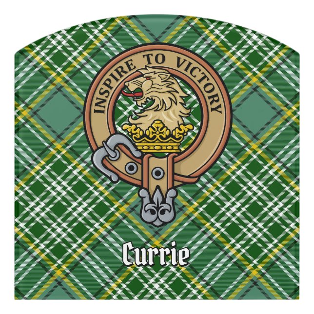 Clan Currie Lion Crest over Tartan Door Sign (Contour Front)