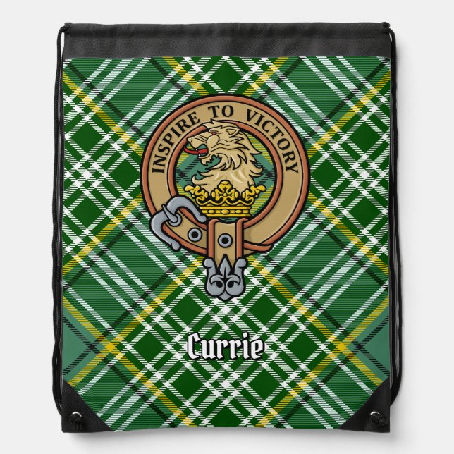 Clan Currie Lion Crest over Tartan Drawstring Bag (Front)