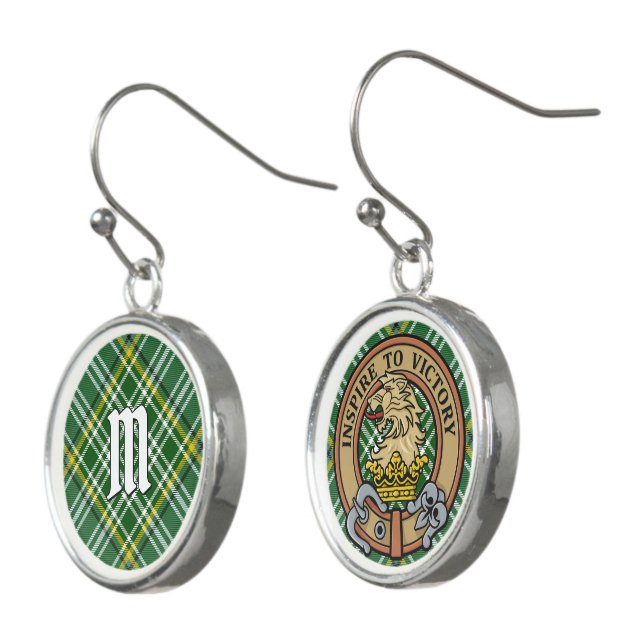 Clan Currie Lion Crest over Tartan Earrings (Angled)