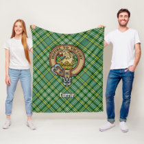 Clan Currie Lion Crest over Tartan Fleece Blanket