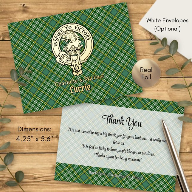 Clan Currie Lion Crest over Tartan Foil Invitation Postcard (Creator Uploaded)
