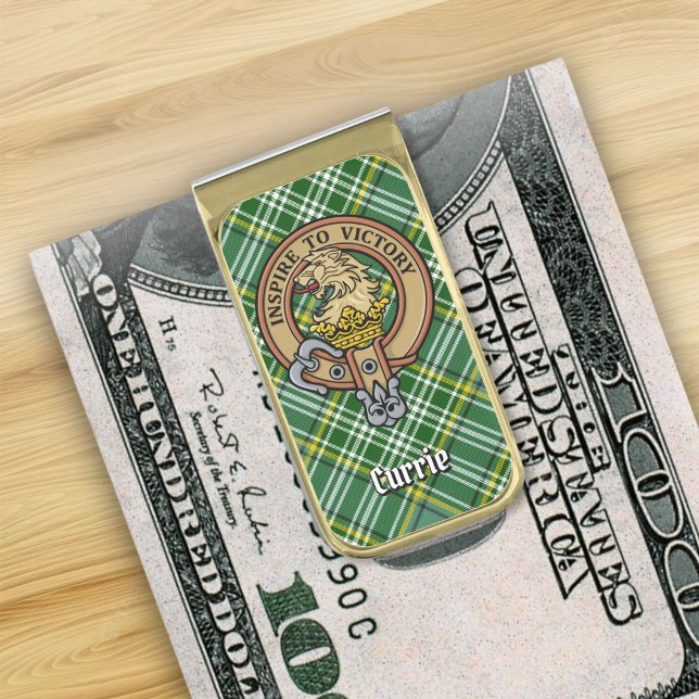 Clan Currie Lion Crest over Tartan Gold Finish Money Clip (Creator Uploaded)