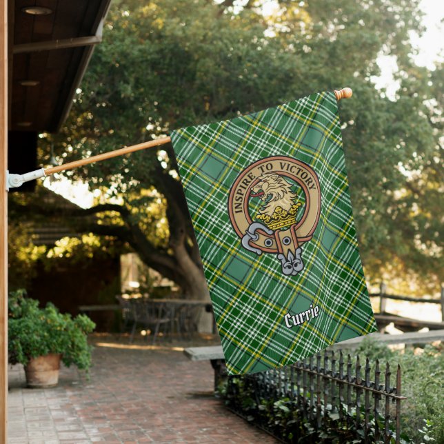 Clan Currie Lion Crest over Tartan House Flag (In SItu)