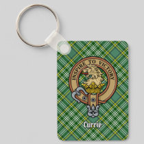 Clan Currie Lion Crest over Tartan Keychain