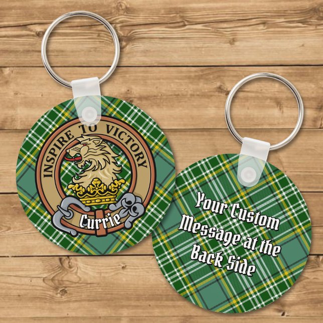 Clan Currie Lion Crest over Tartan Keychain (Creator Uploaded)