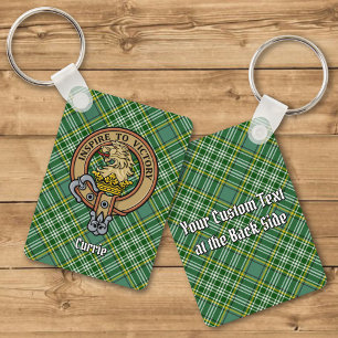 Clan Currie Lion Crest over Tartan Keychain