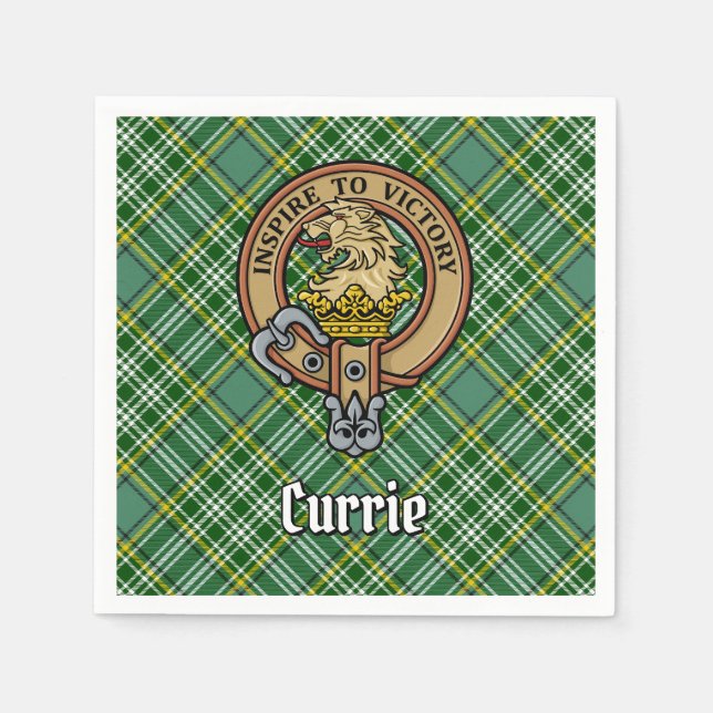 Clan Currie Lion Crest over Tartan Napkins (Front)