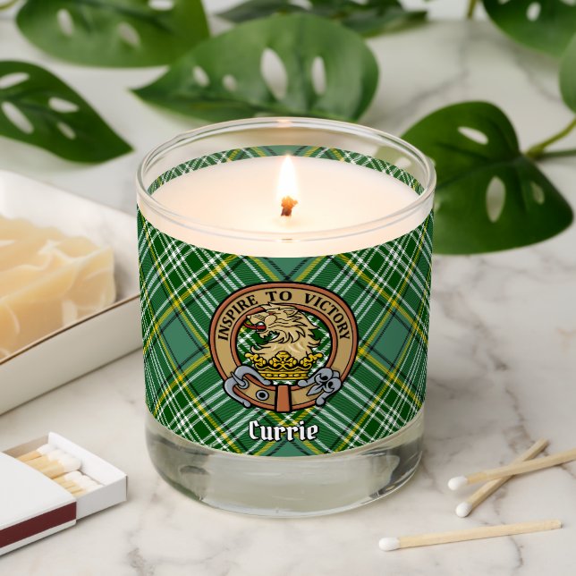 Clan Currie Lion Crest over Tartan Scented Candle (Lit)