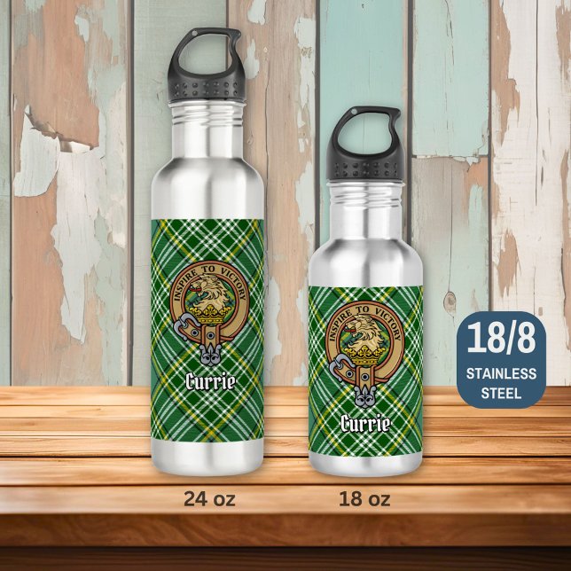 Clan Currie Lion Crest over Tartan Stainless Steel Water Bottle (Creator Uploaded)