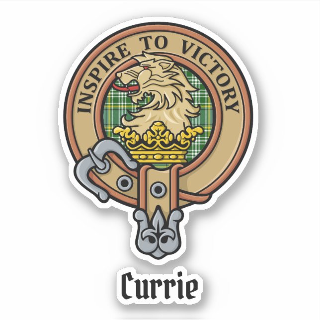 Clan Currie Lion Crest over Tartan Sticker (Front)