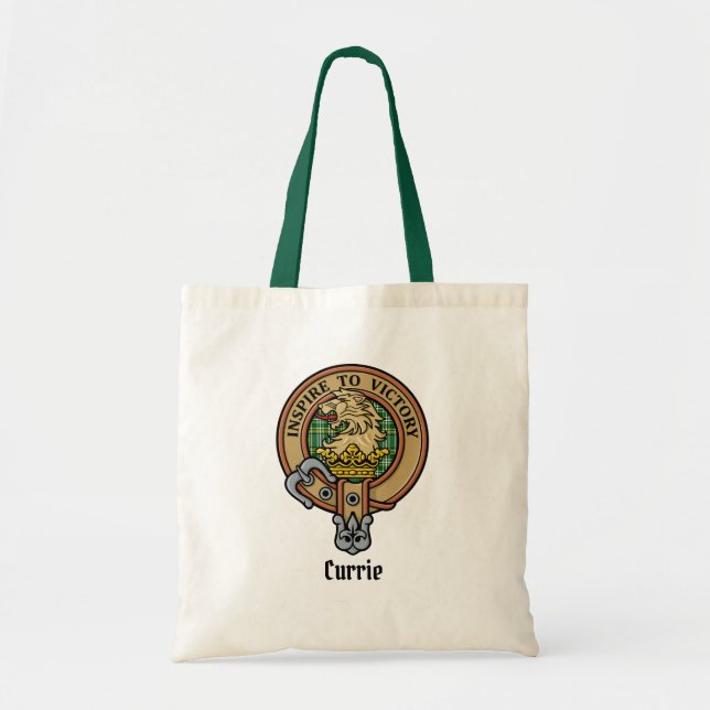 Clan Currie Lion Crest over Tartan Tote Bag (Front)