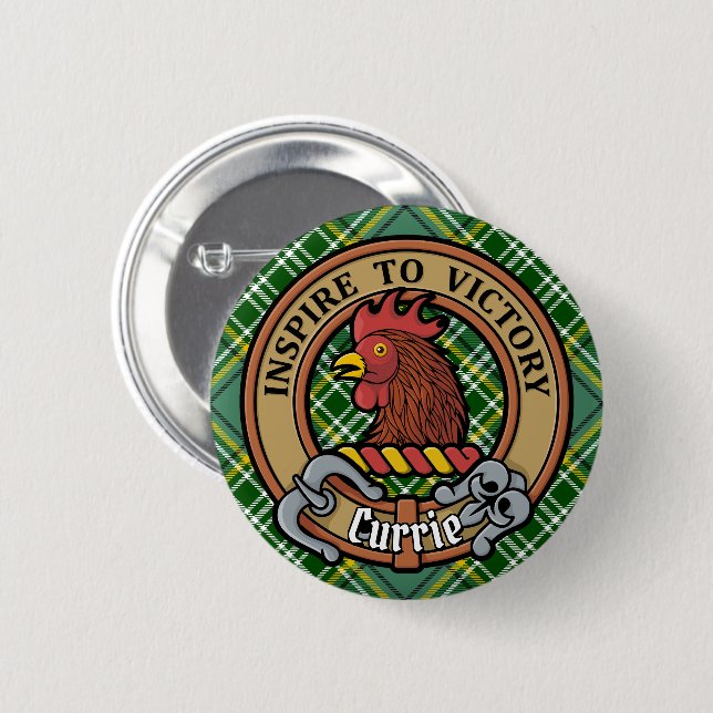 Clan Currie Rooster Crest over Tartan Button (Front & Back)