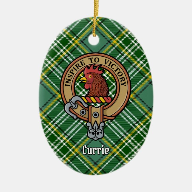 Clan Currie Rooster Crest over Tartan Ceramic Ornament (Front)